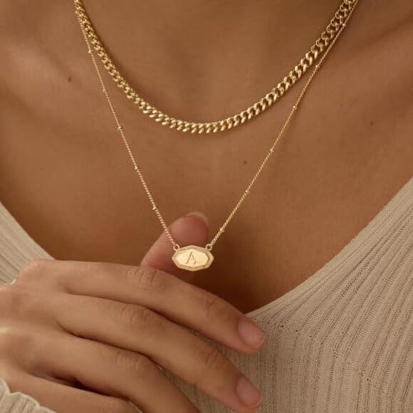 14K Gold Plated Layered Initial Necklace Set Chunky Cuban Chain Stackable - Picture 3 of 7